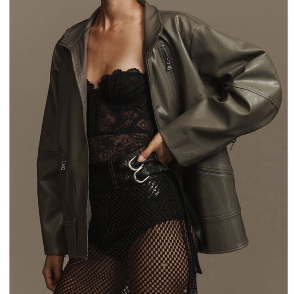 By Anthropologie Faux Leather Olive Green Relaxed Jacket